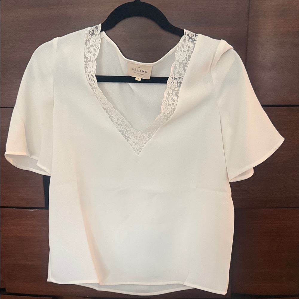 Sezane Cream V-Neck Lace-Trim Blouse